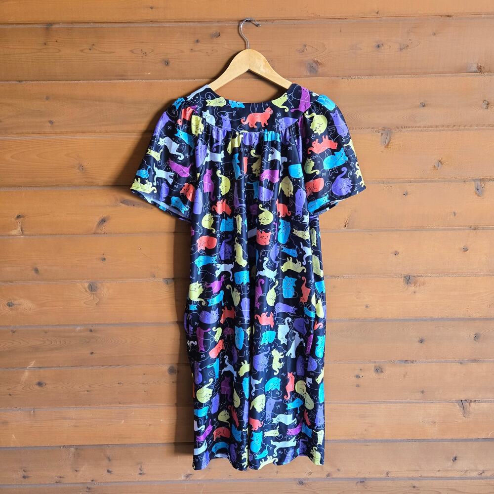 Vintage Cat Dress Mumu Rainbow Midi Pajama Sleep Top Kitty Short Sleeve M Retro - Picture 5 of 5